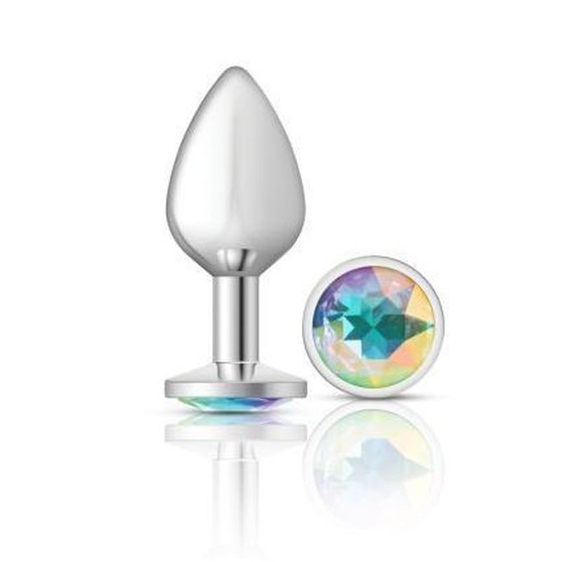 Cheeky Charms Silver Round Butt Plug w Clear Iridescent Jewel Large - Silk and Sin