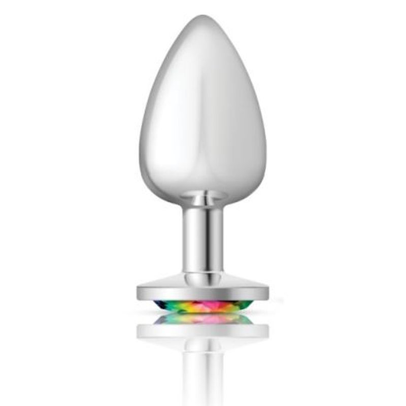Cheeky Charms Silver Round Butt Plug w Rainbow Jewel Large - Silk and Sin