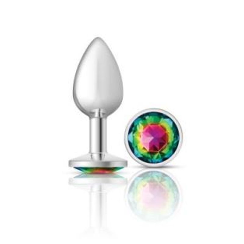 Cheeky Charms Silver Round Butt Plug w Rainbow Jewel Small - Silk and Sin