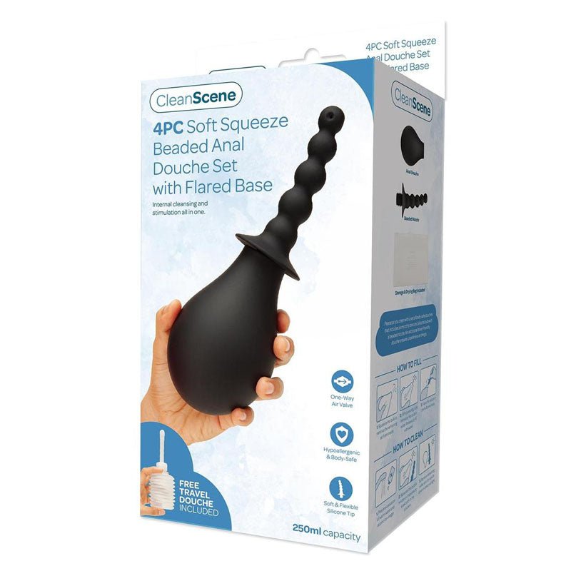 CleanScene 4 Piece Soft Squeeze Beaded Anal Douche Set with Flared Base - 250 ml Capacity with Free Travel Douche Included - Silk and Sin