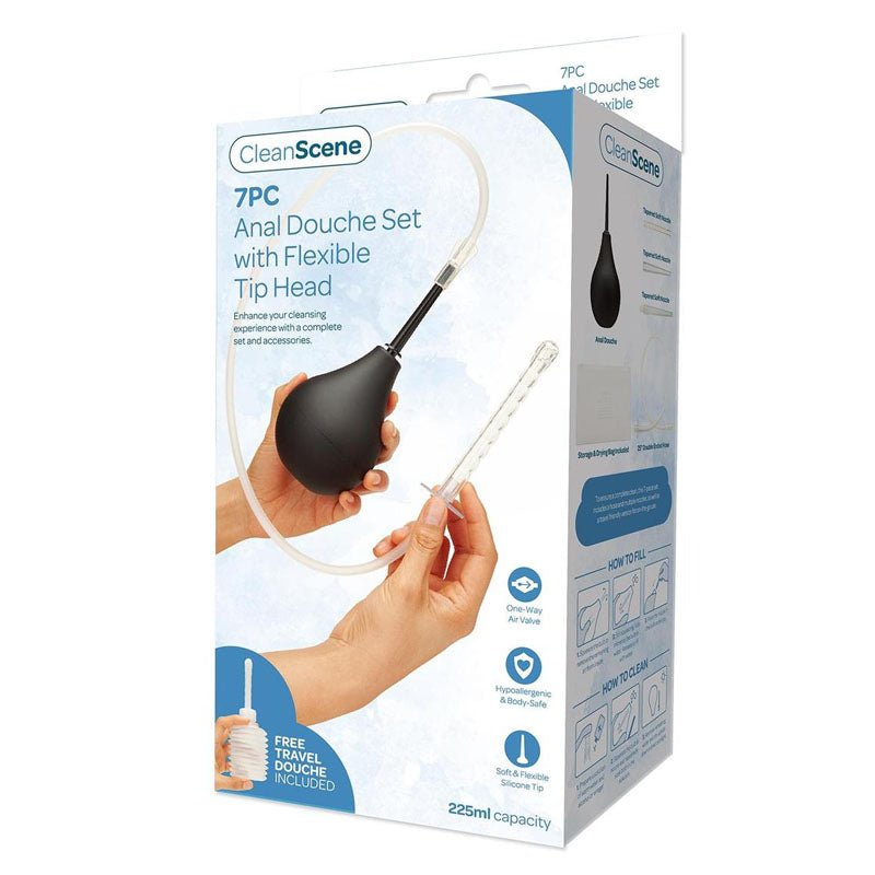 CleanScene 7 Piece Anal Douche Set with Flexible Tip Head - 225 ml Capacity with Free Travel Douche Included - Silk and Sin