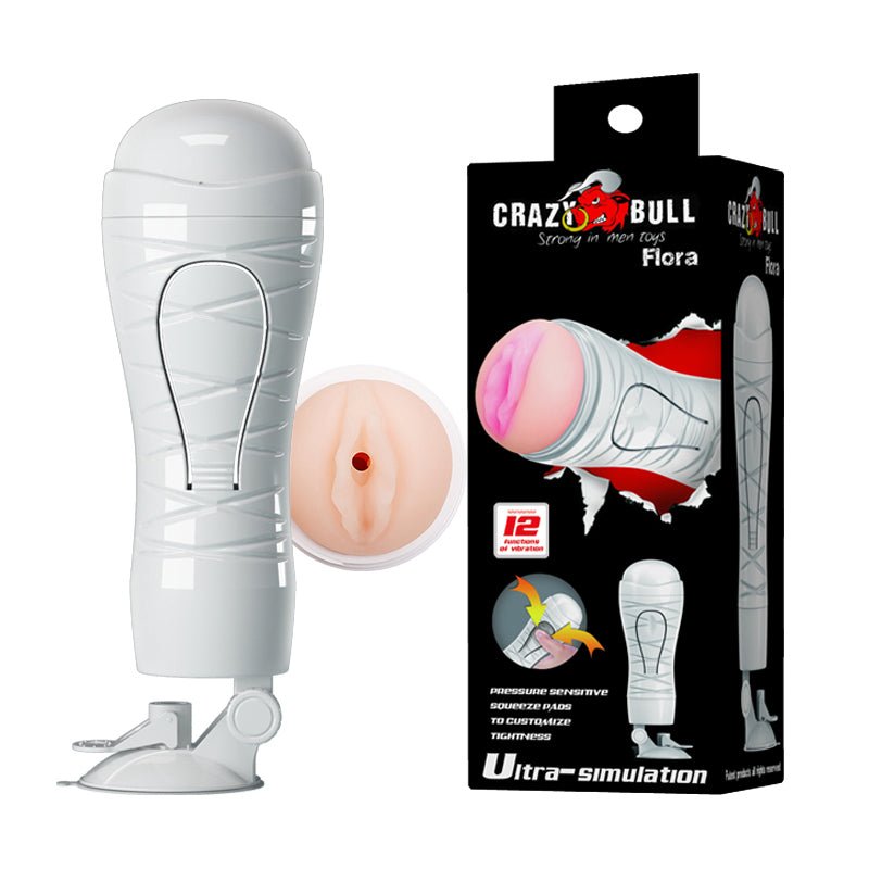 CRAZY BULL FLORA Vibrating Stroker - Flesh USB Rechargeable Vibrating Squeezeable Vagina Stroker with Suction Base - Silk and Sin