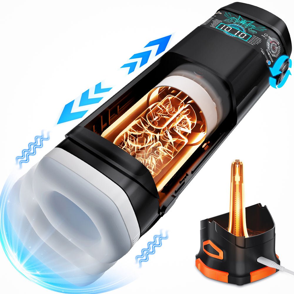 CyberSkin The Titan - Black USB Rechargeable Thrusting & Vibrating Auto Masturbator with Heater - Silk and Sin