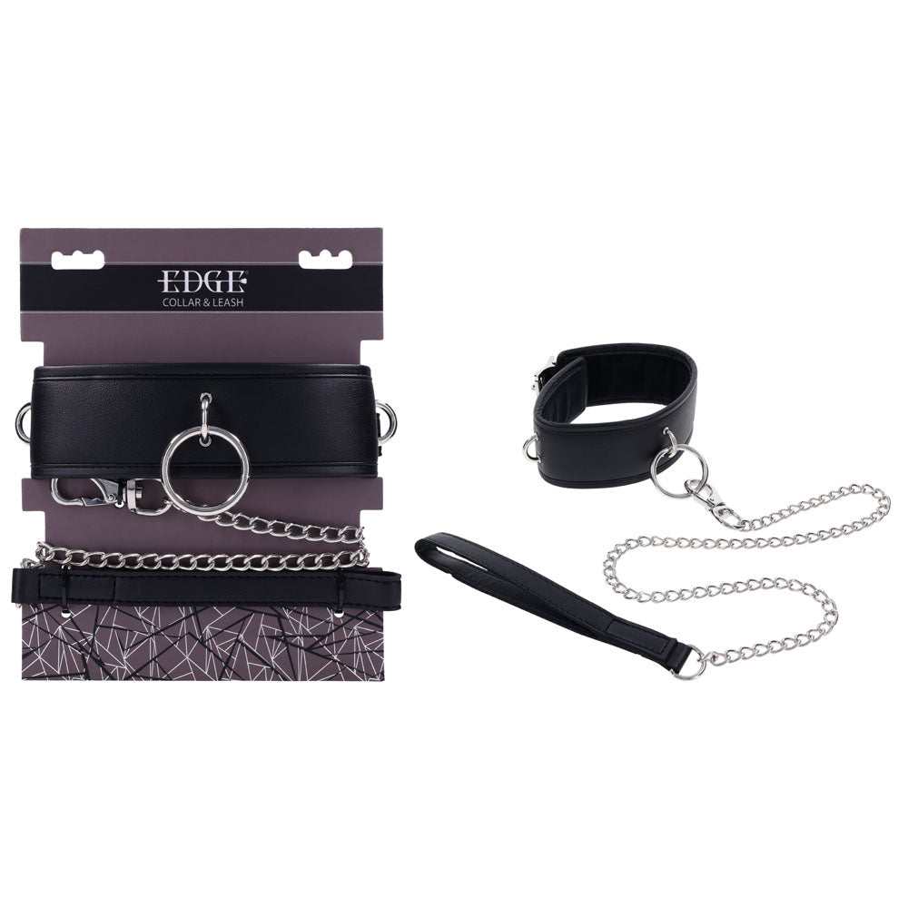 EDGE Collar & Leash - Black Neck Restraint with Heavy Duty Metal Leash - silkandsin