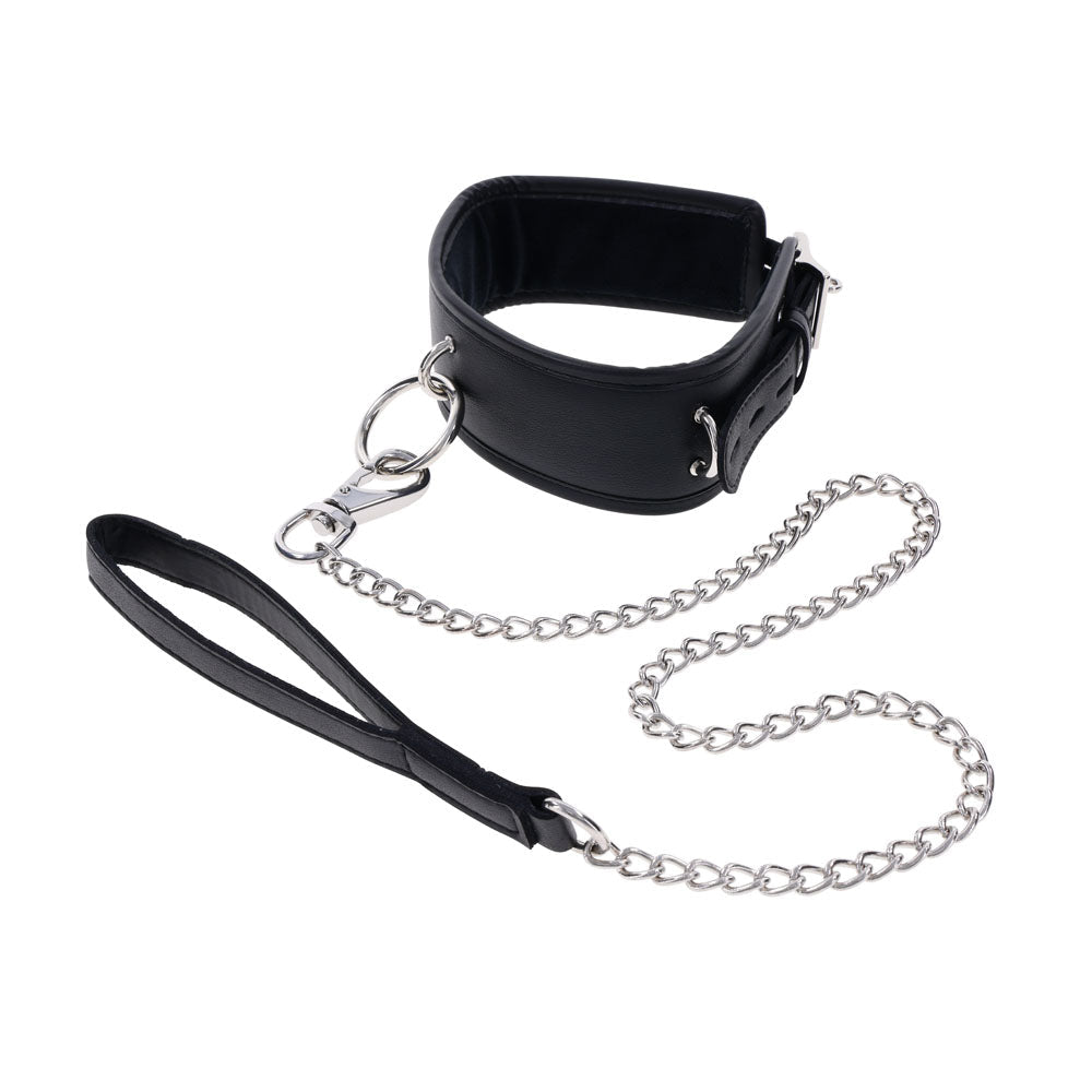 EDGE Collar & Leash - Black Neck Restraint with Heavy Duty Metal Leash - silkandsin