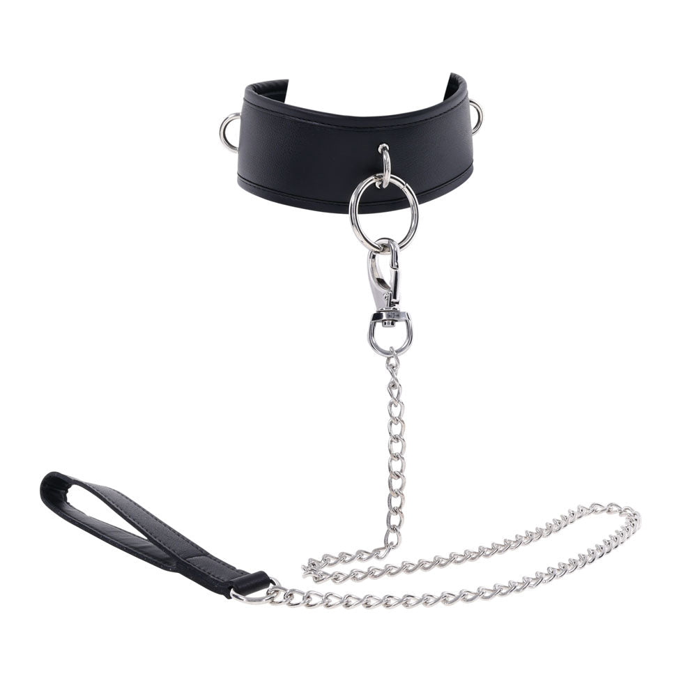 EDGE Collar & Leash - Black Neck Restraint with Heavy Duty Metal Leash - silkandsin