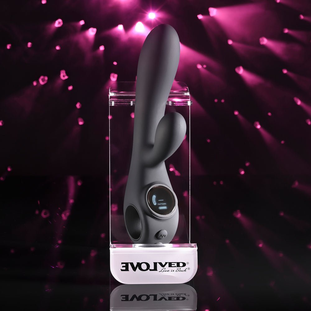 Evolved BLACK MAGIC - Black 20 cm USB Rechargeable Rabbit Vibrator with LED Screen - Silk and Sin