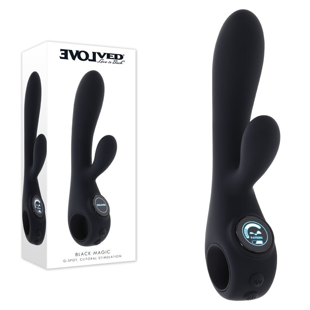 Evolved BLACK MAGIC - Black 20 cm USB Rechargeable Rabbit Vibrator with LED Screen - Silk and Sin