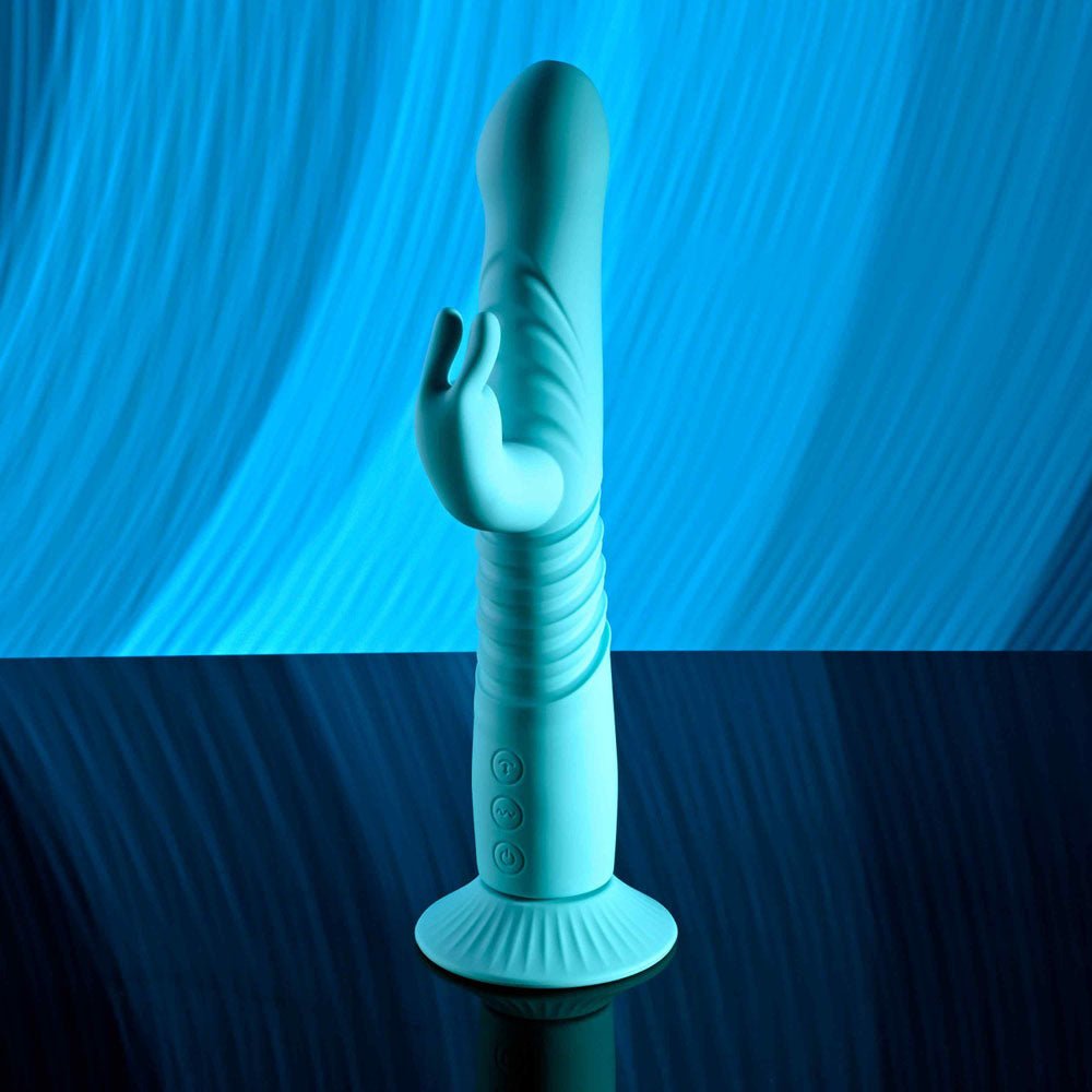 Evolved BUNNY HOP - Teal 25.1 cm USB Rechargeable Thrusting Rabbit Vibrator with Suction Base - Silk and Sin