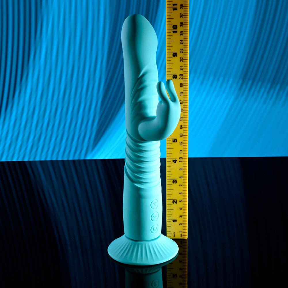 Evolved BUNNY HOP - Teal 25.1 cm USB Rechargeable Thrusting Rabbit Vibrator with Suction Base - Silk and Sin