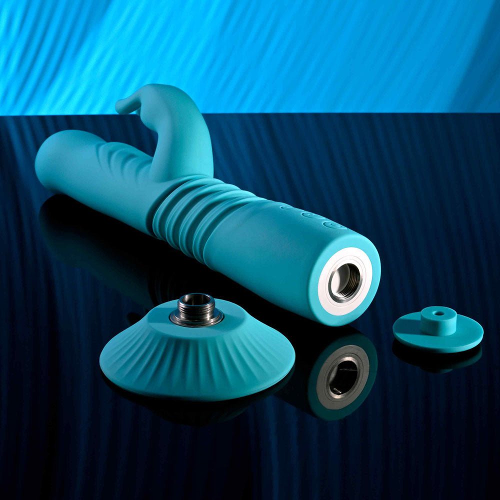 Evolved BUNNY HOP - Teal 25.1 cm USB Rechargeable Thrusting Rabbit Vibrator with Suction Base - Silk and Sin