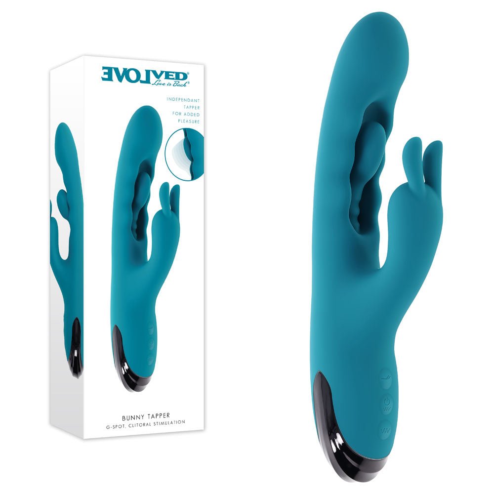 Evolved BUNNY TAPPER - Blue 20 cm USB Rechargeable Rabbit Vibrator with Flicking Shaft - Silk and Sin