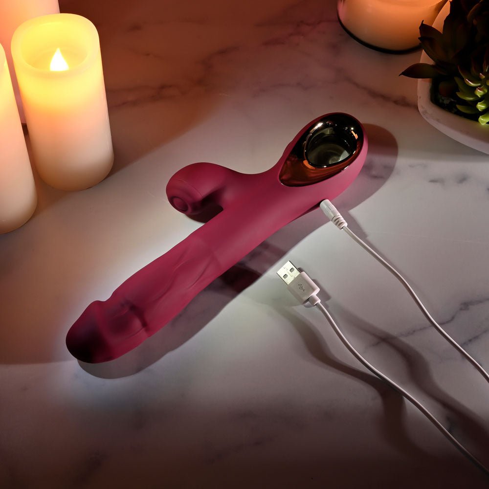 Evolved BURSTING WITH PLEASURE - Red 25.4 cm USB Rechargeable Vibrator with Tapping Clitoral Stimulator - Silk and Sin