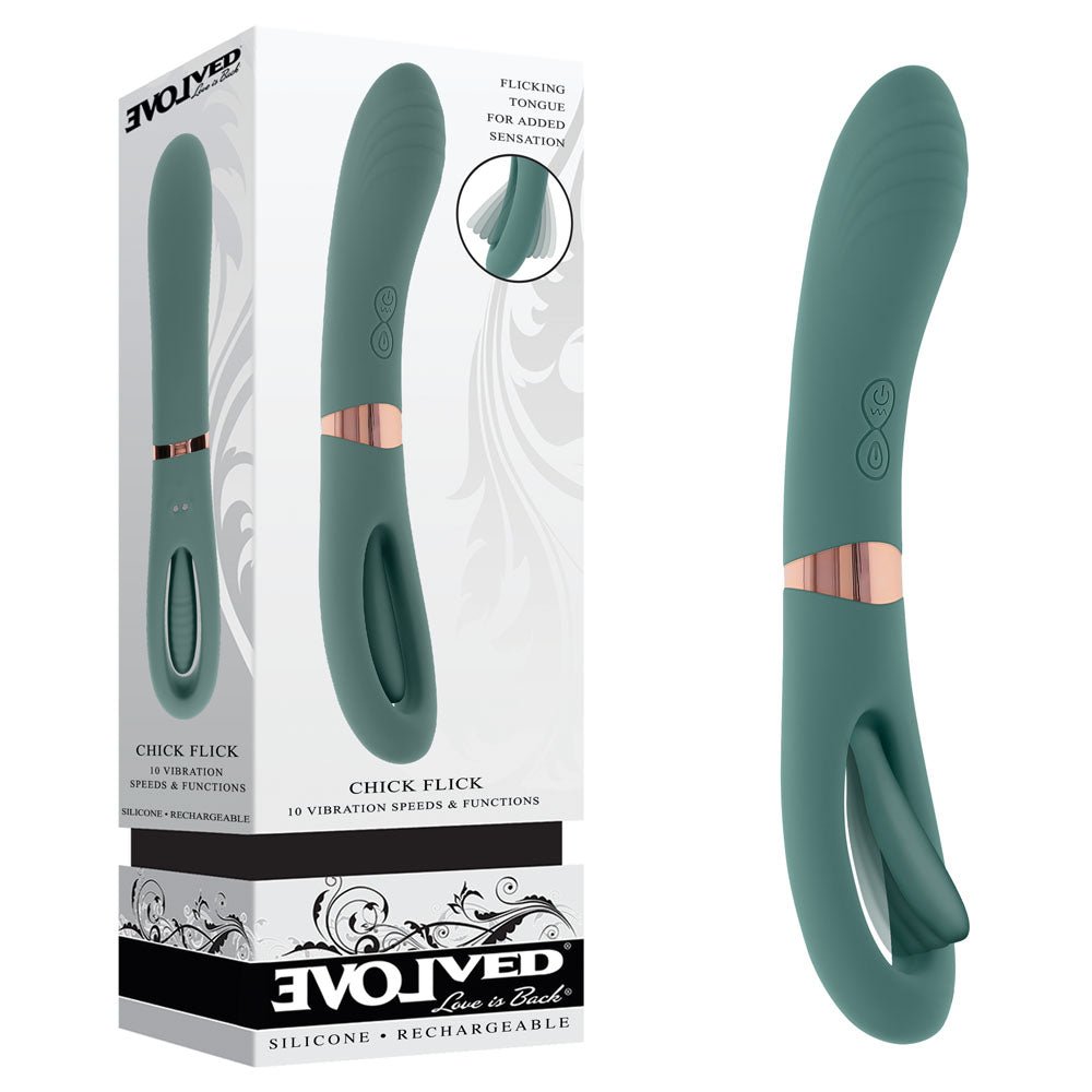 Evolved CHICK FLICK - Olive Green 24 cm USB Rechargeable Vibrator with Flicking Tip - Silk and Sin