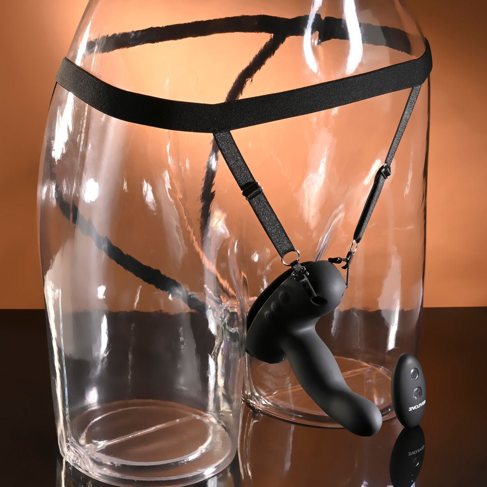 Evolved COME CLOSER - Black USB Rechargeable Vibrating Strap-On with Remote - Silk and Sin