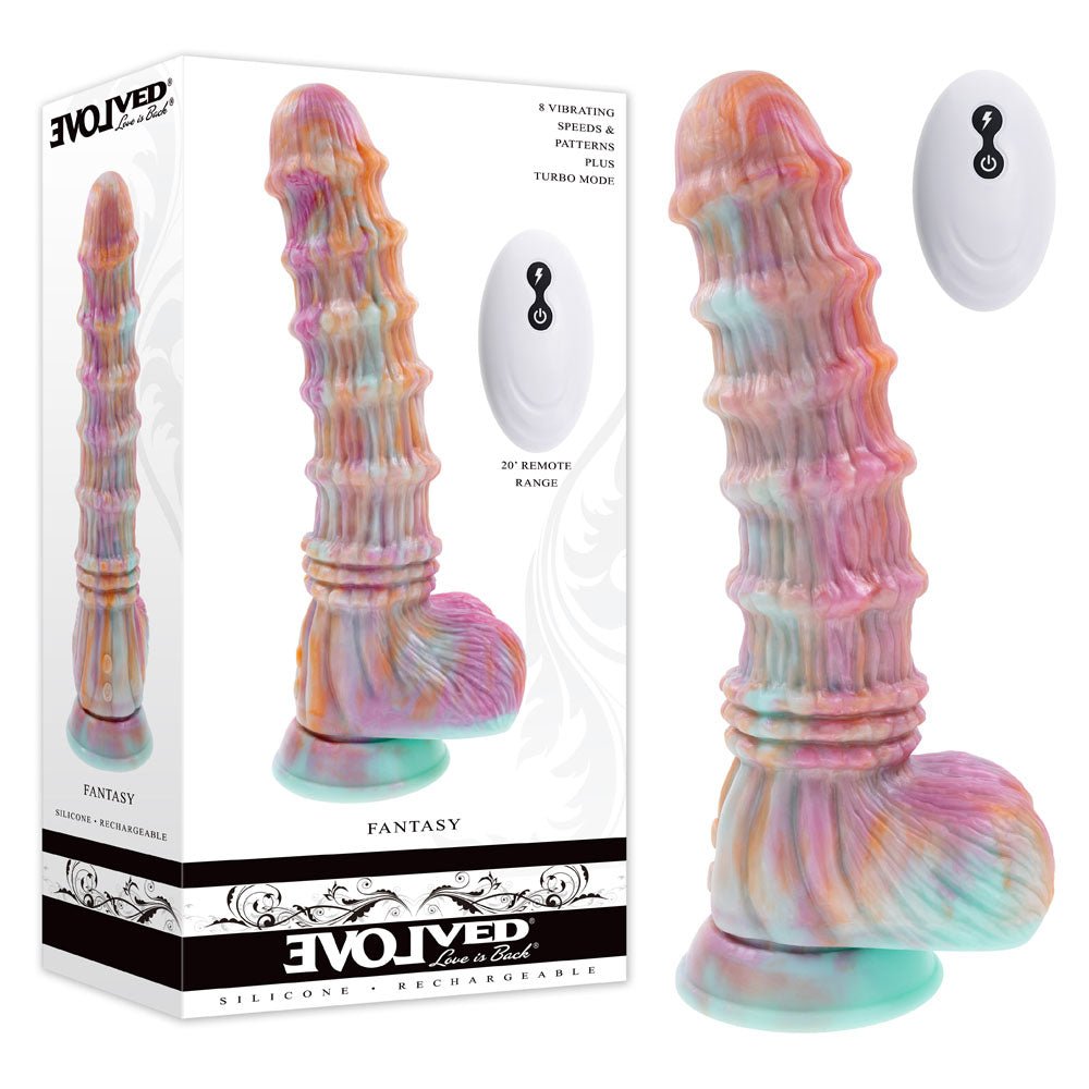 Evolved FANTASY - Multicoloured 27.6 cm USB Rechargeable Vibrating Fantasy Dildo with Remote - Silk and Sin
