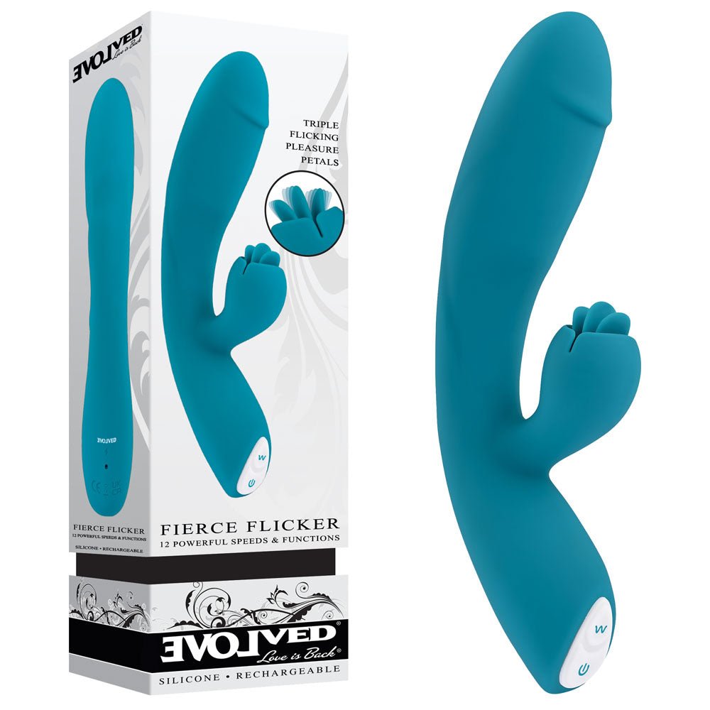 Evolved FIERCE FLICKER - Blue 19.5 cm USB Rechargeable Rabbit Flicker Vibrator - Silk and Sin