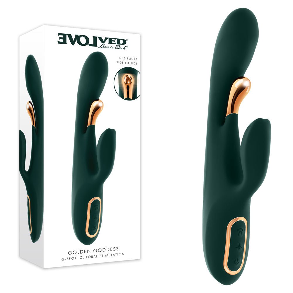 Evolved GOLDEN GODDESS - Green USB Rechargeable Rabbit Vibrator with G-Spot Flicker - Silk and Sin