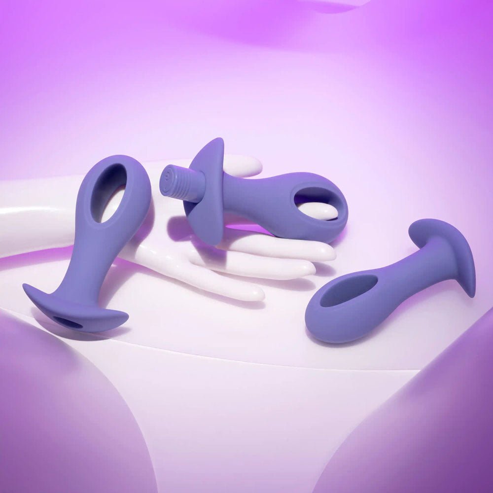 Evolved HOLE PUNCH PLUG SET - Purple Butt Plugs with Interchangeable Bullet - Set of 3 Sizes - Silk and Sin