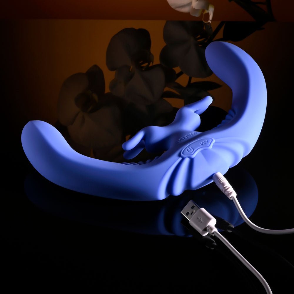 Evolved LOVEBIRDS - Purple 20.8 cm USB Rechargeable Double-Ended Rabbit Vibrator with Remote - Silk and Sin