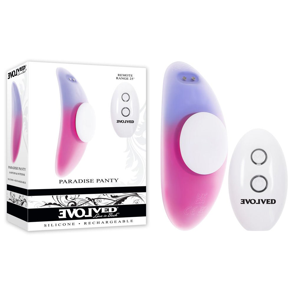 Evolved PARADISE PANTY - Pink/Purple USB Rechargeable Panty Vibrator with Remote Control - Silk and Sin