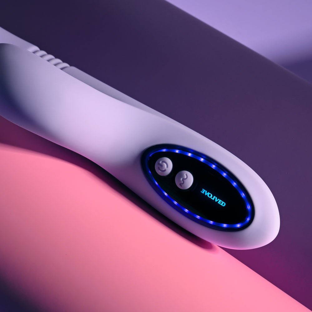 Evolved PEP TALK - Purple 23.3 cm USB Rechargeable Thrusting Vibrator with Tapping Clitoral Stimulator - Silk and Sin