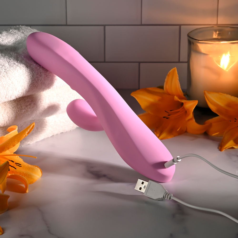 Evolved PUSH THE BUTTON - Pink 23.5 cm USB Rechargeable Rabbit Vibrator with G-Spot Bud - Silk and Sin