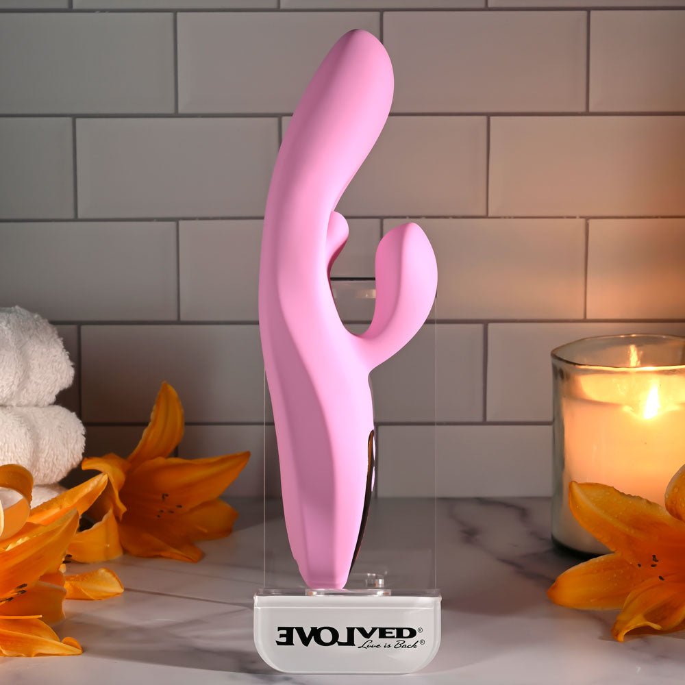 Evolved PUSH THE BUTTON - Pink 23.5 cm USB Rechargeable Rabbit Vibrator with G-Spot Bud - Silk and Sin