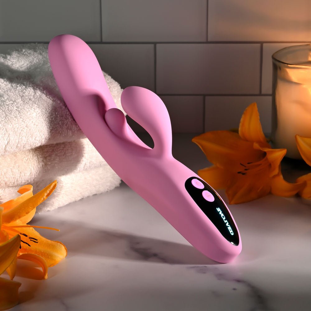 Evolved PUSH THE BUTTON - Pink 23.5 cm USB Rechargeable Rabbit Vibrator with G-Spot Bud - Silk and Sin