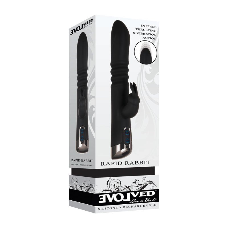 Evolved Rapid Rabbit - Black 25.4 cm USB Rechargeable Thrusting Rabbit Vibrator - Silk and Sin
