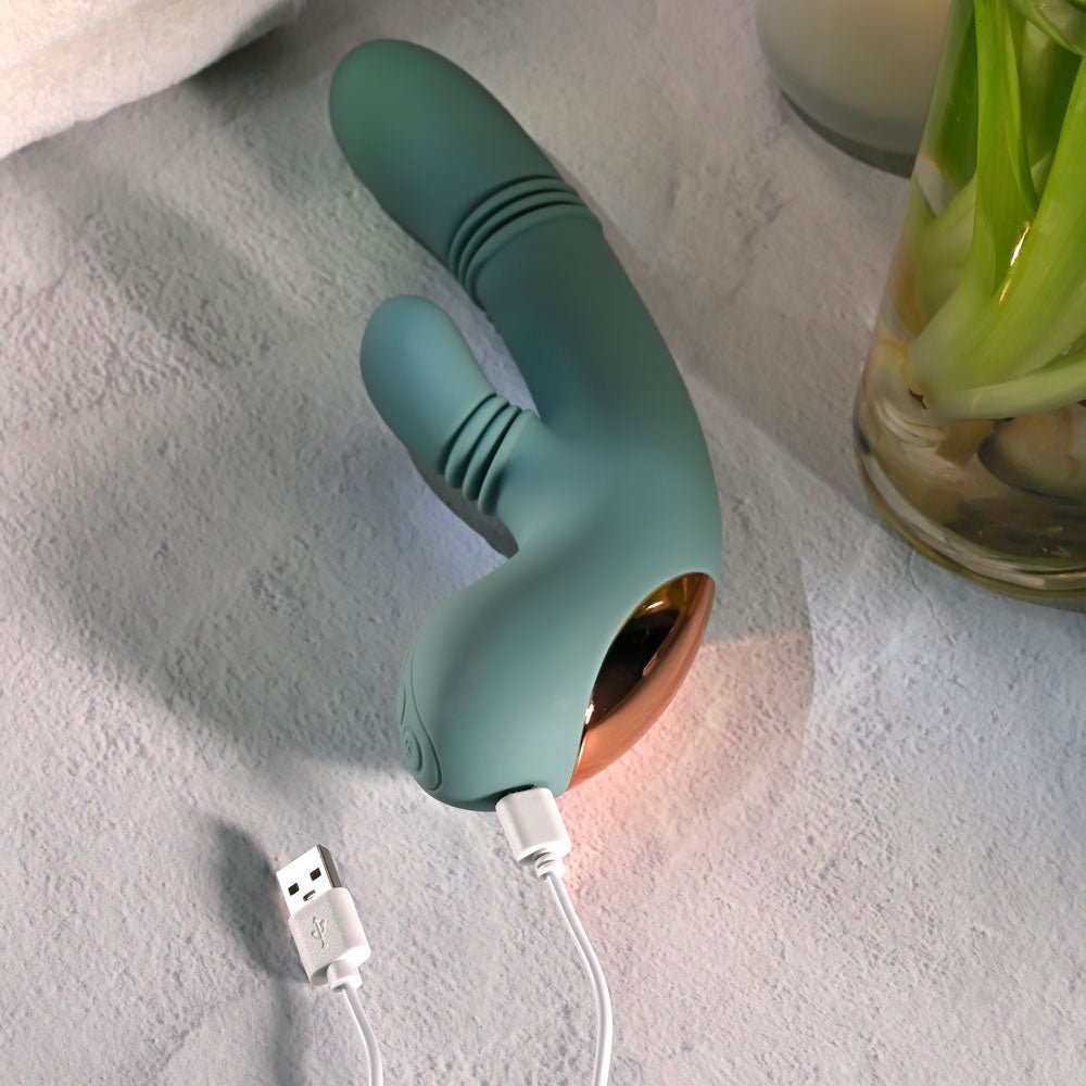 Evolved RUB ME TENDER - Green USB Rechargeable Gyrating & Thrusting Rabbit Vibrator - Silk and Sin
