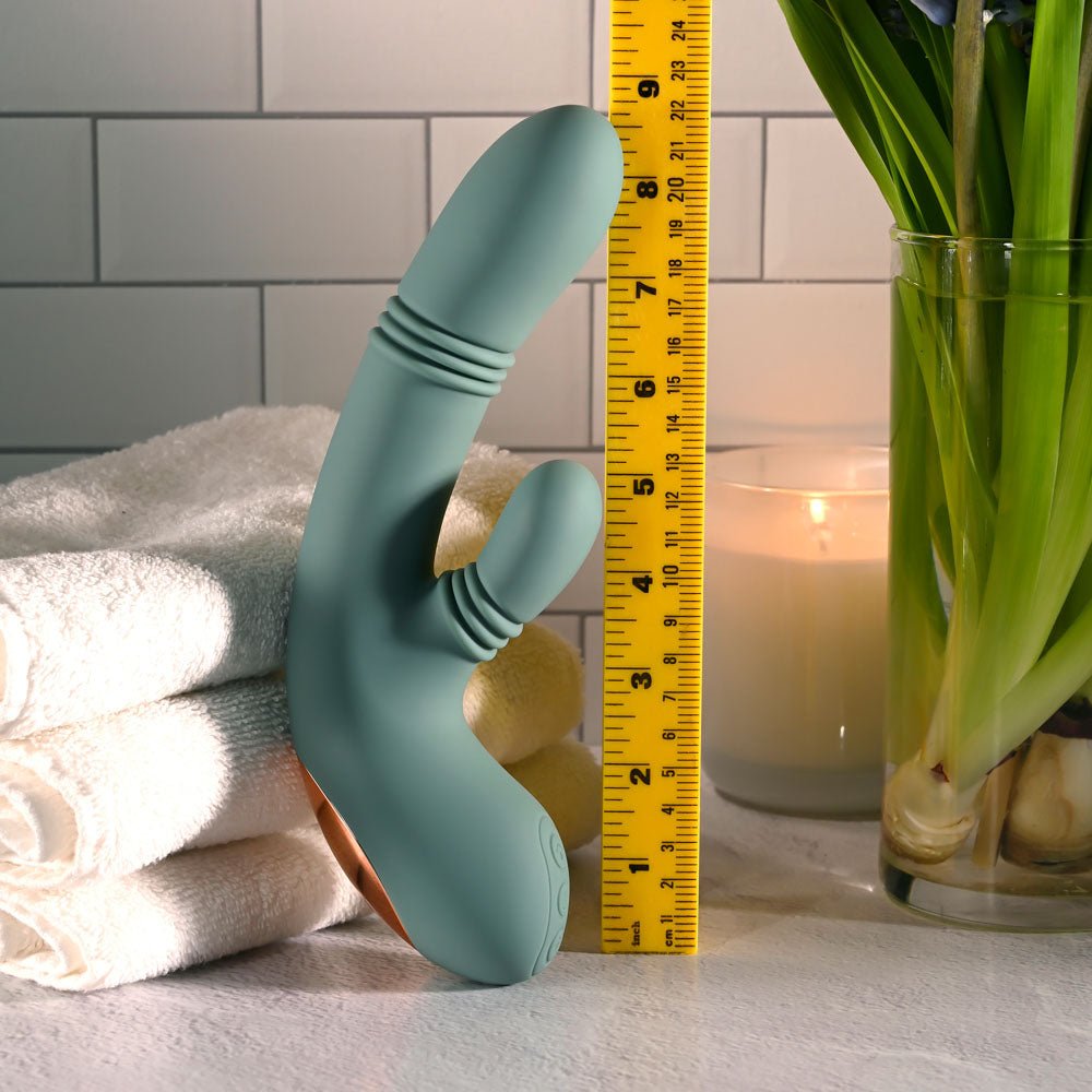 Evolved RUB ME TENDER - Green USB Rechargeable Gyrating & Thrusting Rabbit Vibrator - Silk and Sin
