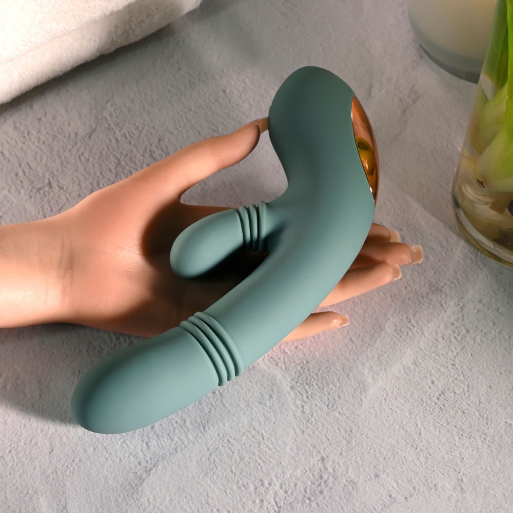 Evolved RUB ME TENDER - Green USB Rechargeable Gyrating & Thrusting Rabbit Vibrator - Silk and Sin
