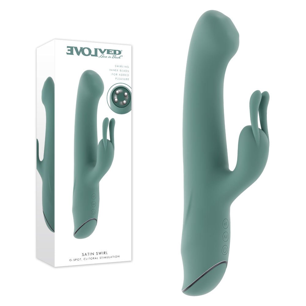 Evolved SATIN SWIRL - Green 23 cm USB Rechargeable Rabbit Vibrator with Swirling Head - Silk and Sin