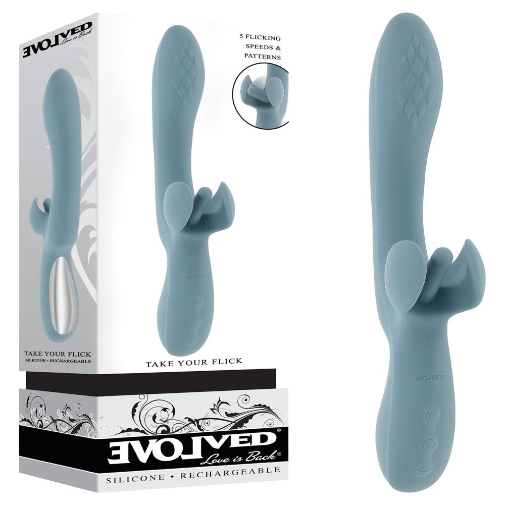 Evolved TAKE YOUR FLICK - Grey 24.1 cm USB Rechargeable Vibrator with Flicking Clitoral Stimulator - Silk and Sin