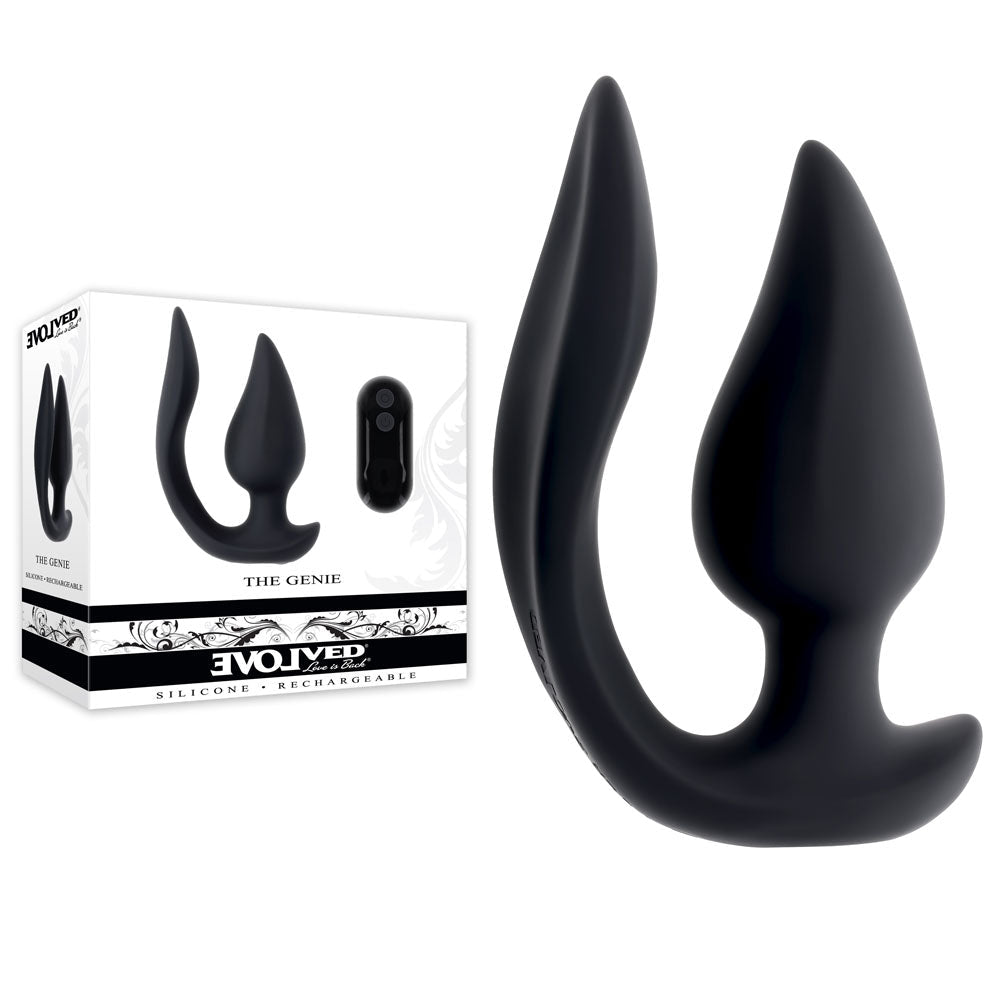 Evolved THE GENIE - Black 11.2 cm USB Rechargeable Vibrating Plug with Wireless Remote - Silk and Sin