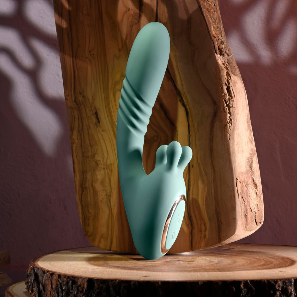 Evolved THRUST INTO ECSTASY - Green 21 cm USB Rechargeable Thrusting & Rotating Vibrator - Silk and Sin
