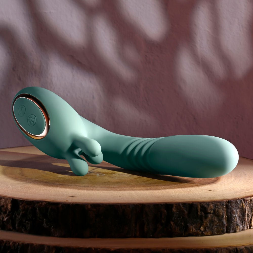 Evolved THRUST INTO ECSTASY - Green 21 cm USB Rechargeable Thrusting & Rotating Vibrator - Silk and Sin