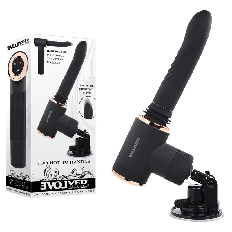 Evolved TOO HOT TO HANDLE - Black USB Rechargeable Thrusting Vibe with Stand - Silk and Sin