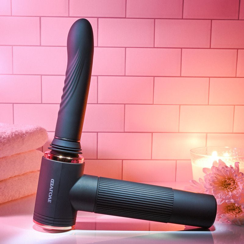 Evolved TOO HOT TO HANDLE - Black USB Rechargeable Thrusting Vibe with Stand - Silk and Sin
