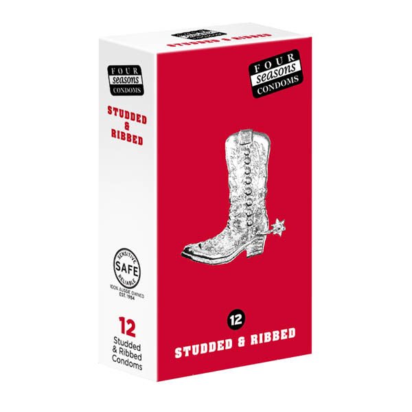 Four Seasons Studs & Ribs Condoms - Studded & Ribbed Lubricated Condoms - 12 Pack - Silk and Sin