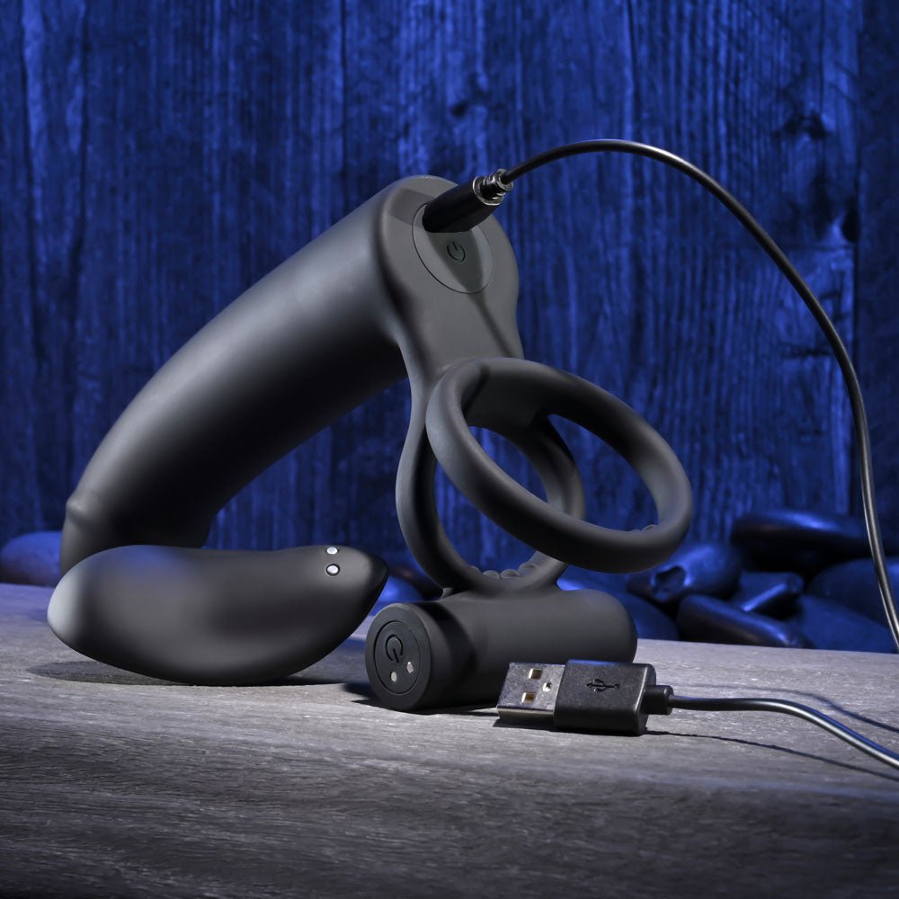 Gender X FULL SWING - Black USB Rechargeable Vibrating Cock Ring with Double Penetrator Dildo - Silk and Sin