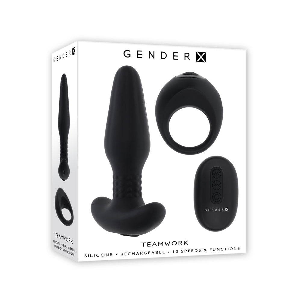 Gender X TEAMWORK - Black USB Rechargeable Rimming Butt Plug & Vibrating Cock Ring - Silk and Sin