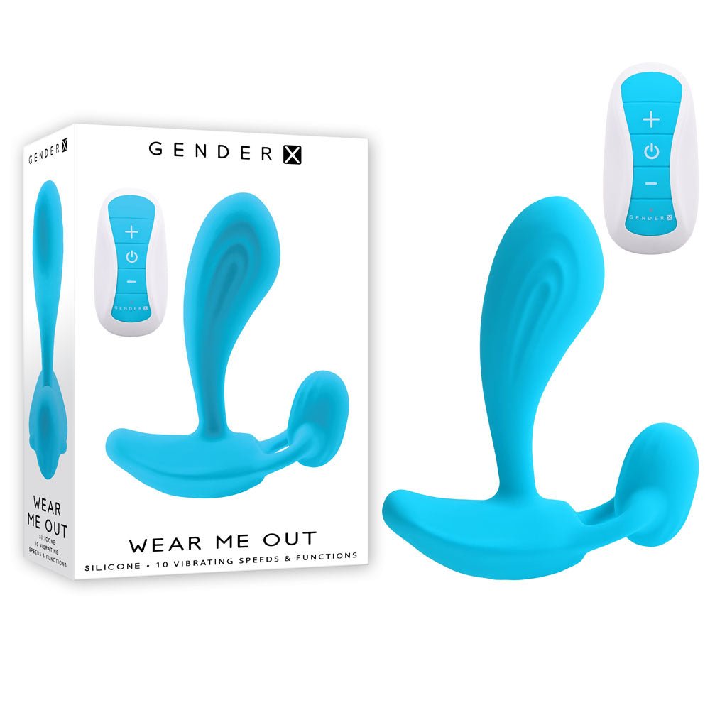 Gender X WEAR ME OUT - Blue 11.1 cm USB Rechargeable Wearable Vibrator with Wireless Remote - Silk and Sin
