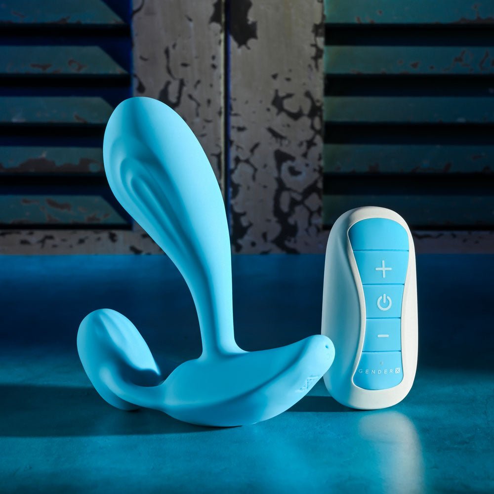 Gender X WEAR ME OUT - Blue 11.1 cm USB Rechargeable Wearable Vibrator with Wireless Remote - Silk and Sin