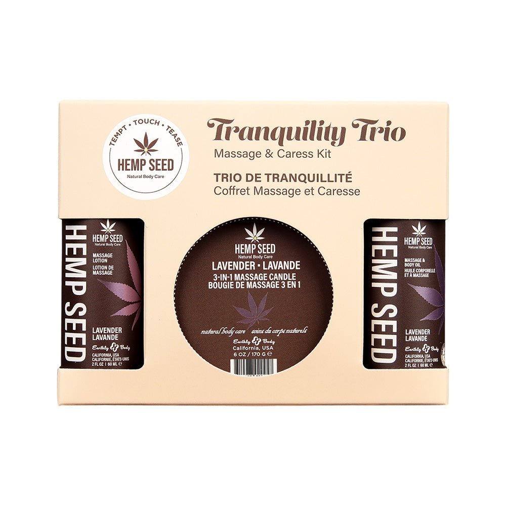 Hemp Seed Tranquility Trio - Lavender - Lavender Scented Massage & Caress Kit - 3 Piece Kit - silkandsin