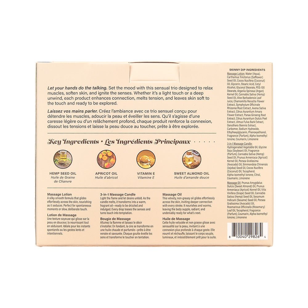 Hemp Seed Tranquility Trio - Skinny Dip - Skinny Dip Scented Massage & Caress Kit - 3 Piece Kit - silkandsin