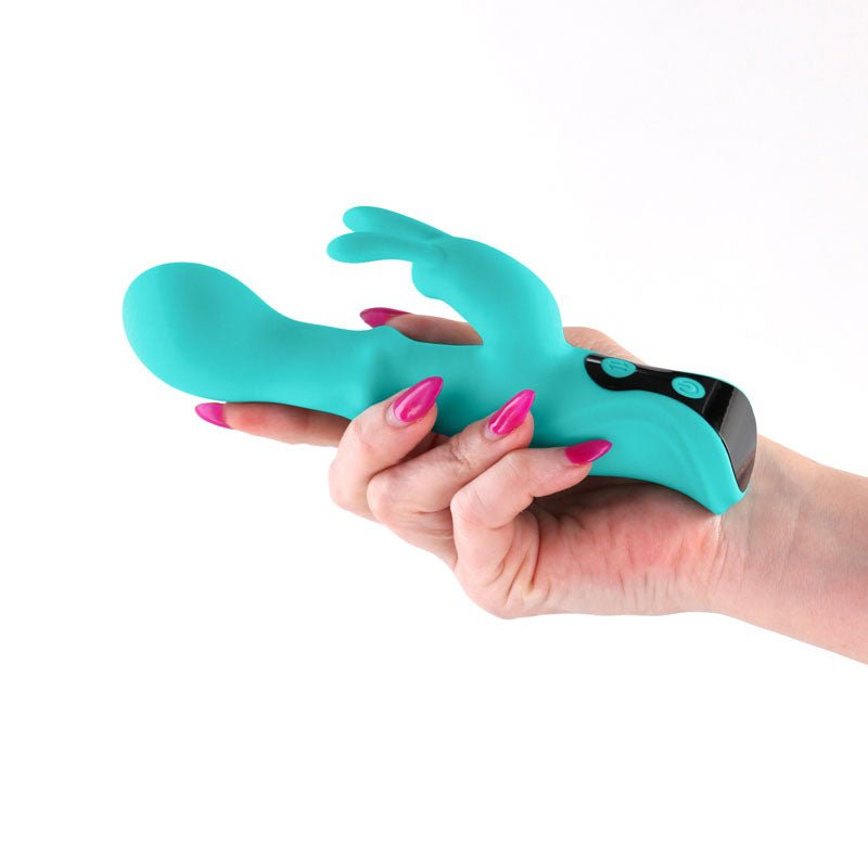 INYA Cyberluxe - Aqua - Aqua 18 cm USB Rechargeable Rabbit Vibrator with Sliding Ring Shaft - Silk and Sin