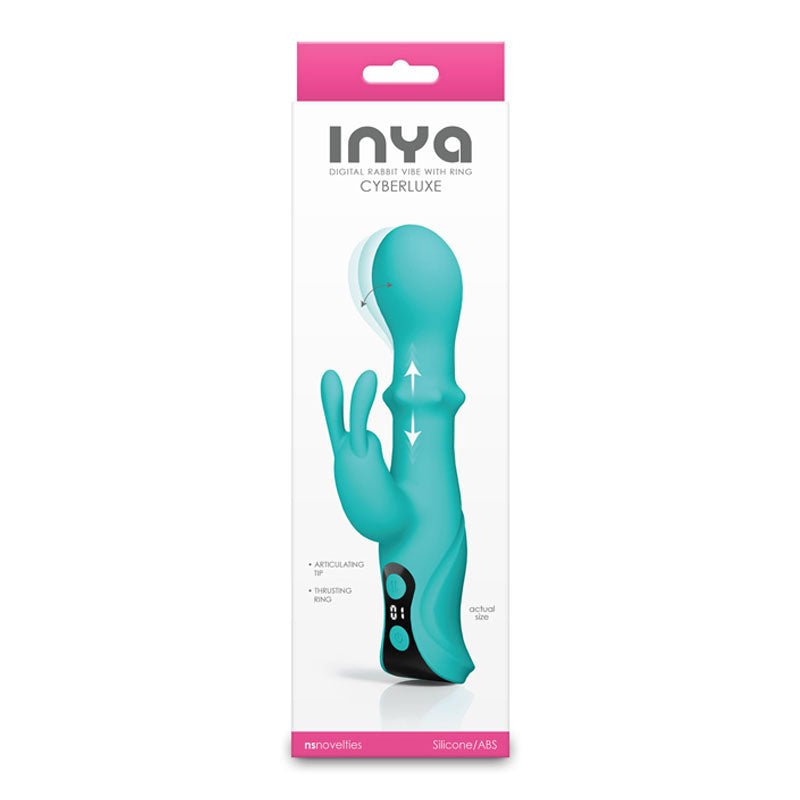 INYA Cyberluxe - Aqua - Aqua 18 cm USB Rechargeable Rabbit Vibrator with Sliding Ring Shaft - Silk and Sin