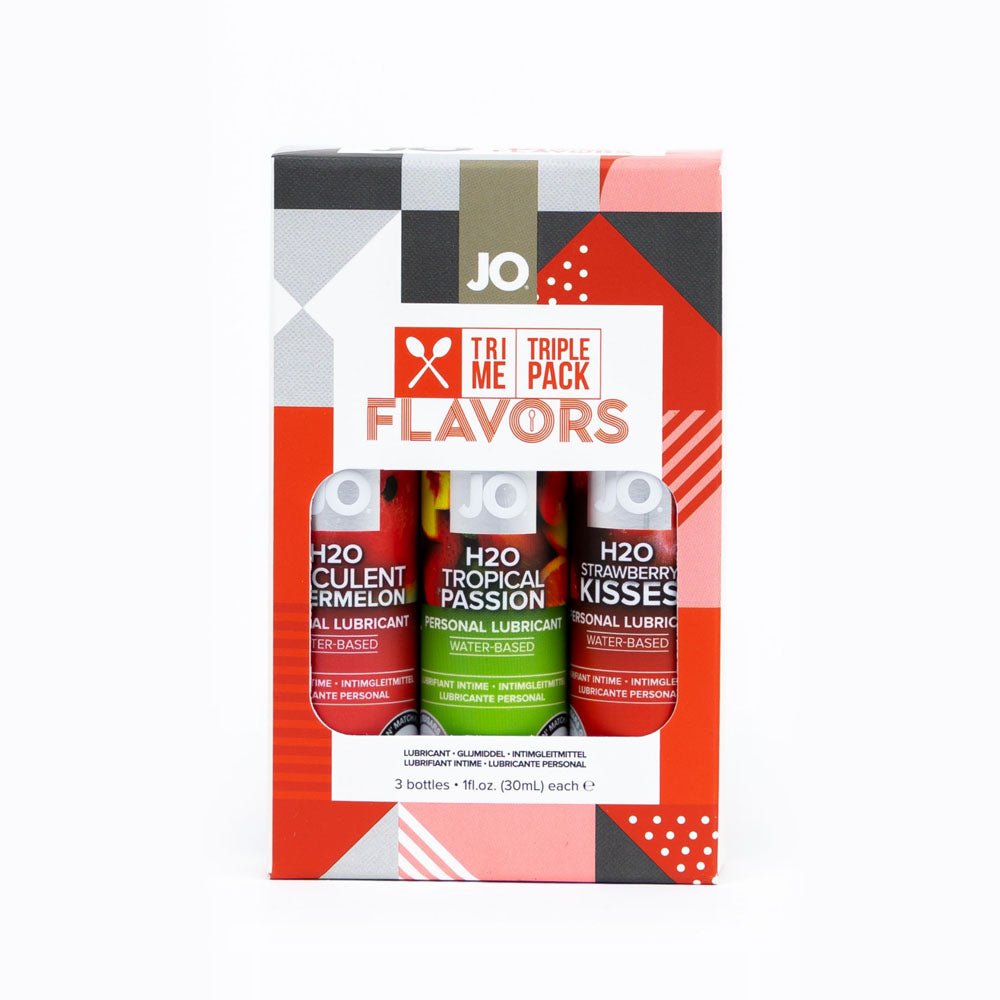 JO Tri-Me Triple Pack Flavours Gift Set - Strawberry, Watermelon and Tropic Passion Flavoured Lubes - 3 Pack - Silk and Sin
